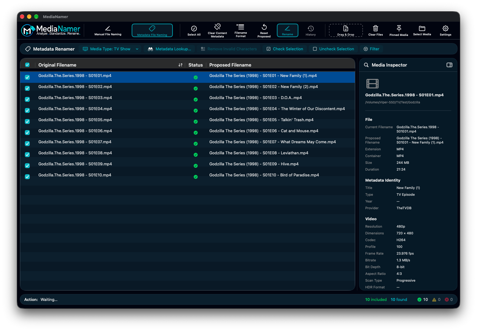 MediaNamer showing its Metadata File Naming workspace with source filenames, proposed filenames, and a Media Inspector.